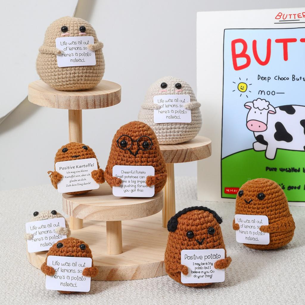 Positive Crochet Potato Doll with Card Handmade Knitted Emotional Support Hug Pocket Cucumber Ornament Room Decor Christmas Gift