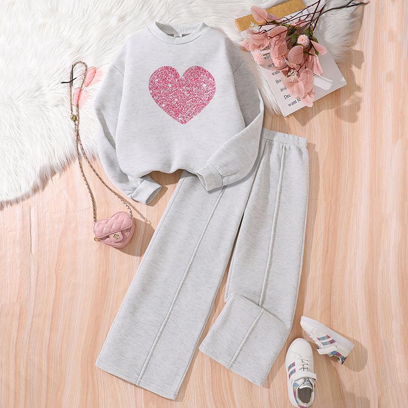 Spring and Autumn Love Pattern Long Sleeve Hoodie Long Pants Casual Two Piece Set Girl's Clothing Sets