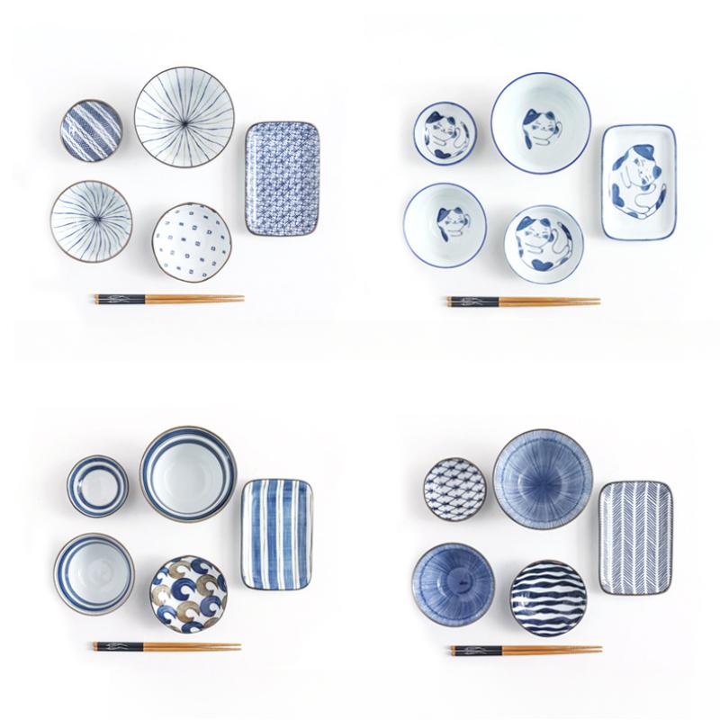 Наборы столовой посуды из сине-белого фарфора в японском стиле на одну персону для ужина включают миски, тарелку, палочки для еды, набор блюд, керамический подарочный набор из 6 предметов