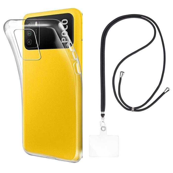 Coque et tour de cou pour Xiaomi POCO M3 - TPU Souple Transparent Cordon Noir réglable Phonillico®
