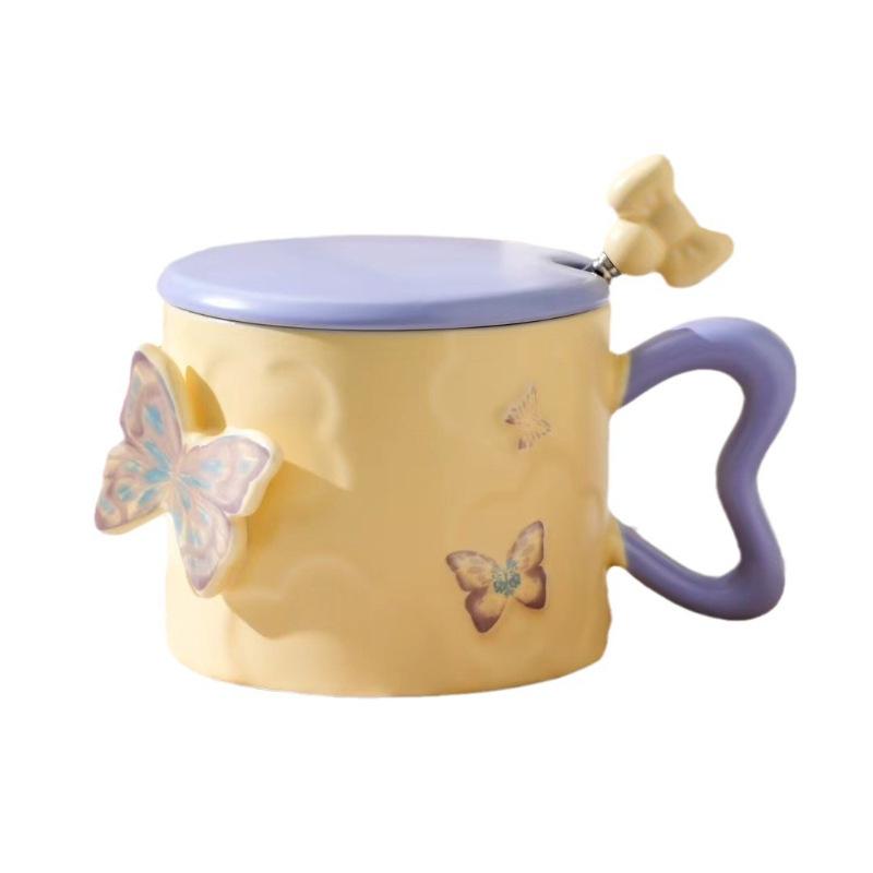 Creative Embossed Butterfly Personalized Ceramic Mug As A Souvenir Coffee Cup with Lid and Spoon  High Looking Small Fresh Water Cup
