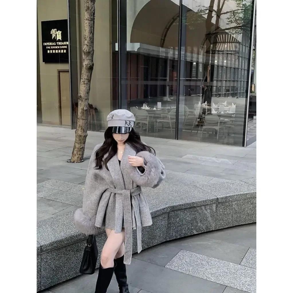 Fashion Black Strapped Woolen Coat Women Clothing Spring and Autumn Loose Premium Splicing Hairy Sleeve Winter Coats