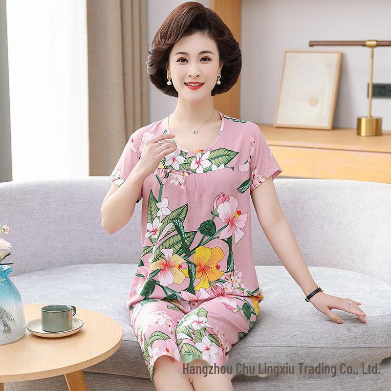 Женский летний пижамный комплект из хлопкового шелка - комплект из двух предметов с короткими рукавами для матерей среднего и пожилого возраста, подходит для ношения в помещении и на улице
