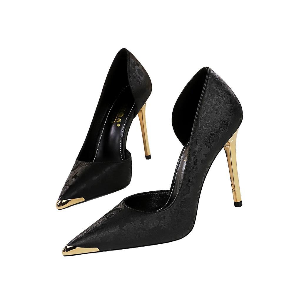 Banquet National Style Women's Shoes High Heels Thin Heel Shallow Mouth Side Hollow Satin Metal Pointed Single Shoes