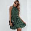 Women Autumn Winter Sleeveless Dot Print Halter Casual A-Line Mini-Length High Waist Ruffled Edges Dress
