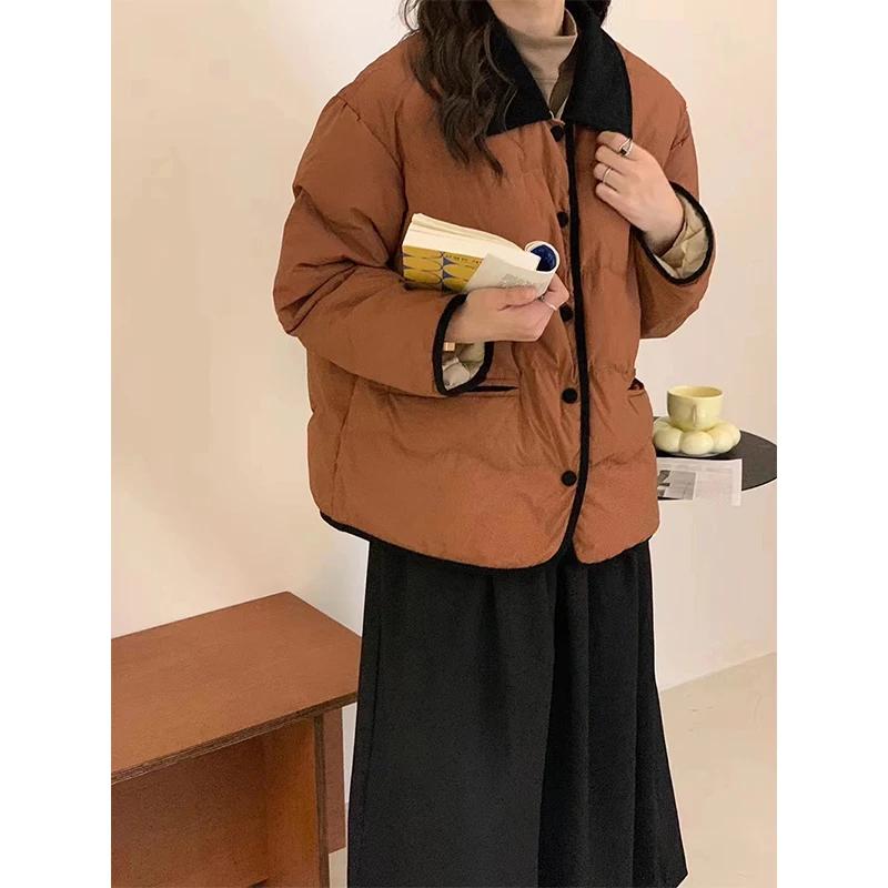 Легкая короткая куртка из хлопка в уличном стиле, корейская однотонная утепленная верхняя одежда, женское пальто с карманами, осенне-зимнее пуховое пальто