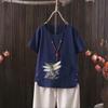 Dragonfly Print V-neck Cotton Hemp T-shirt for Women - 2025 Summer New Arrival
