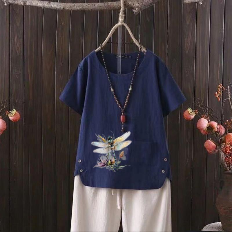 Dragonfly Print V-neck Cotton Hemp T-shirt for Women - 2025 Summer New Arrival