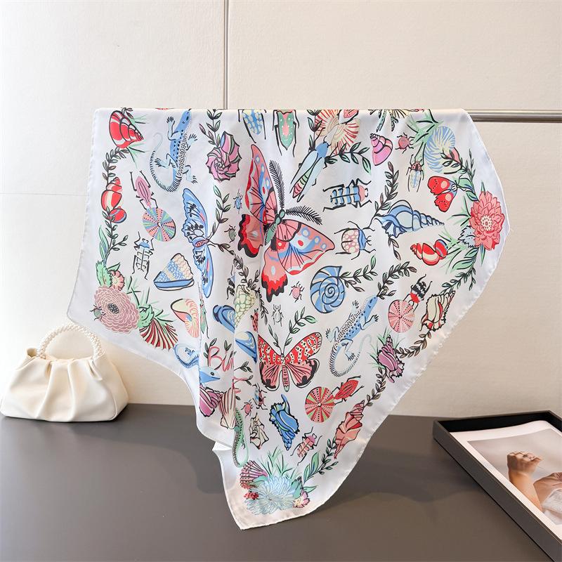 Luxury Butterfly Print Soft Silk Square Scarf Women Satin Kerchief Neckerchief Head Hijab Lady Headband Tie Bag Ribbon
