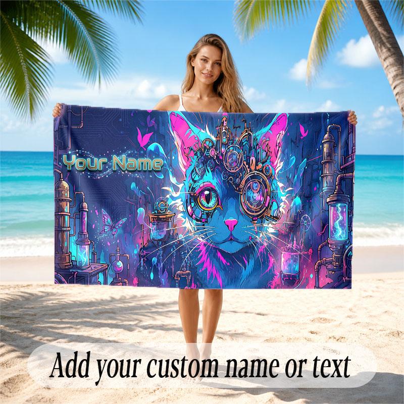 Cat Theme Soft Beach Towel Personalized Custom Name Text Towel Portable for Beach Pool Travel
