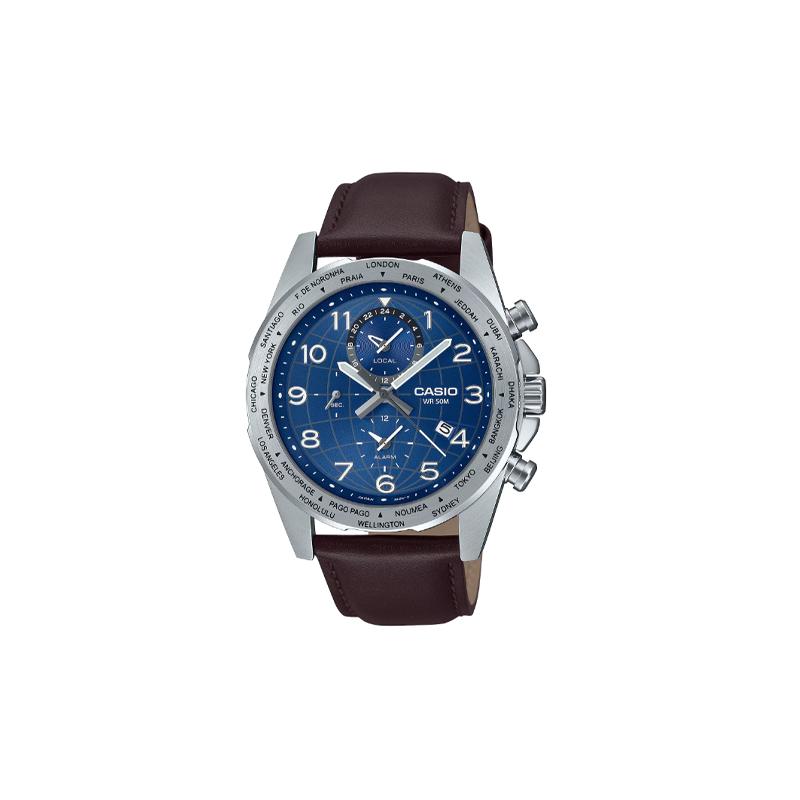 Casio Водонепроницаемые 50 метров, модные, кварцевый механизм, кожаный ремешок, японские и корейские часы, мужские часы, синий циферблат MTP-W500L-2A