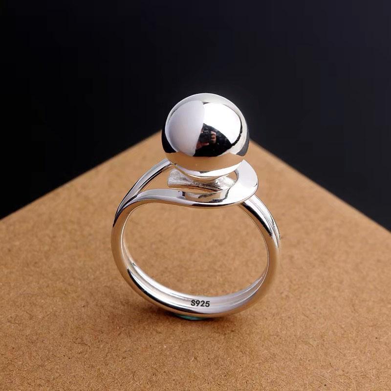 925 Silver Simple Ring For Women Fine Jewelry Finger Adjustable Open Vintage Big Ball Ring For Party Birthday Gift