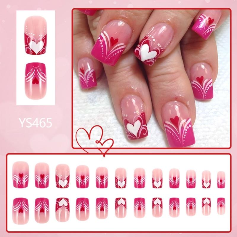 Valentine's Day Press On Nail Colorful Heart Designs Glossy False Nail Romance Acrylic Square Nail for Women 24pcs
