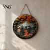 Halloween Party Home Ornament Witch Hanging Sign, 8" Round Wooden Door Autumn Forest Festive Decoration Witches Rustic Holiday Sign for Front