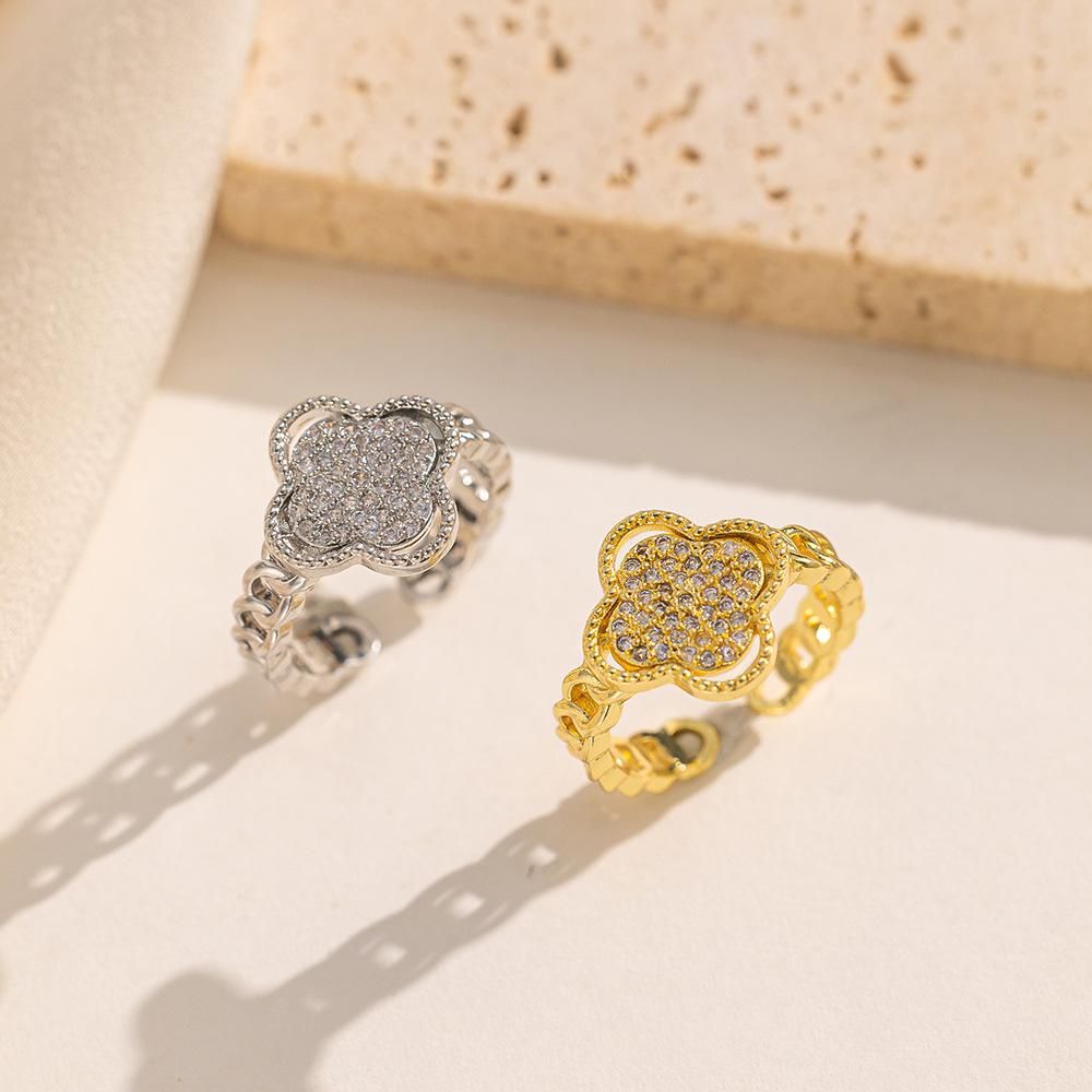 Модный индивидуальный дизайн кольцо с четырьмя листочками клевера для девушки, темперамент, милый, крутой стиль, открывающееся регулируемое кольцо