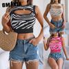 Summer Hollowed-out Contrasting Color Zebra Print Crop Top Women's Vacation Top