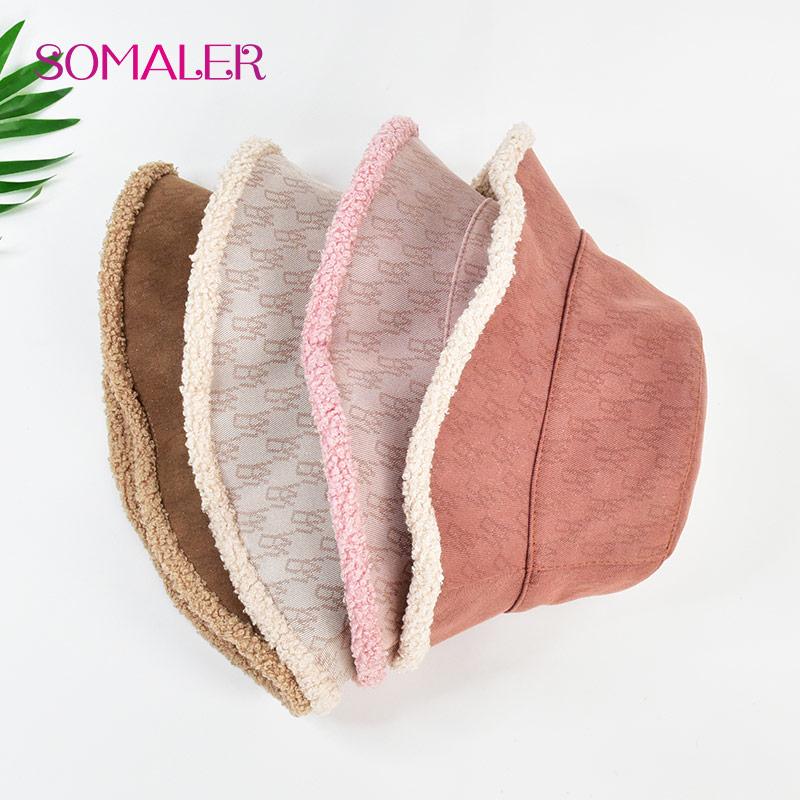 SOMALER Зимние теплые панамы для женщин, шляпа-ведро в стиле Харадзюку, однотонная шляпа рыбака для рыбалки, осенне-зимняя теплая панама из овечьей шерсти, уличная теплая кепка для женщин