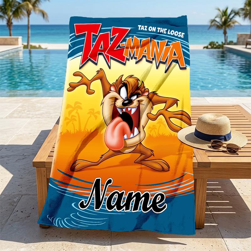 Custom Name Taz Theme Stylish Digital Printing Beach Towel Quick‑Drying Absorbent Blanket for Beach Pool Gym Travel