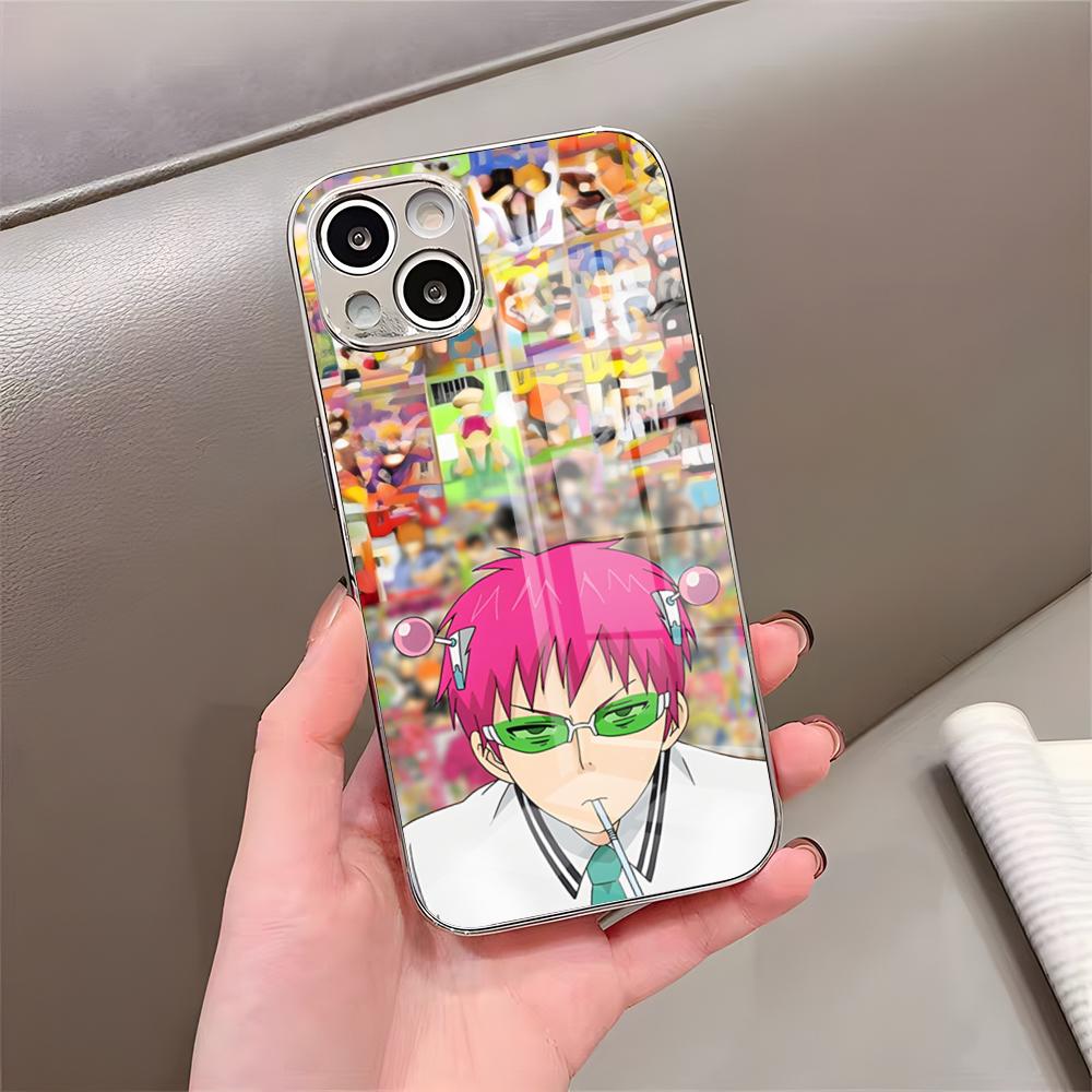 Чехол для телефона аниме К-Кусуо Сайки для iPhone 17 Pro Max 15 Pro 16 14 Plus 12 13 Mini 11 Pro Ударопрочный Электроplated Стеклянный Чехол