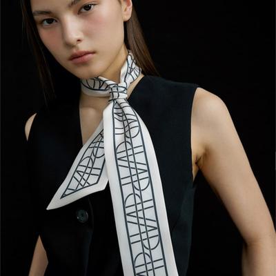 AVVINA PELLE Long Twilly Silk Scarf - AP Ivory/Charcoal