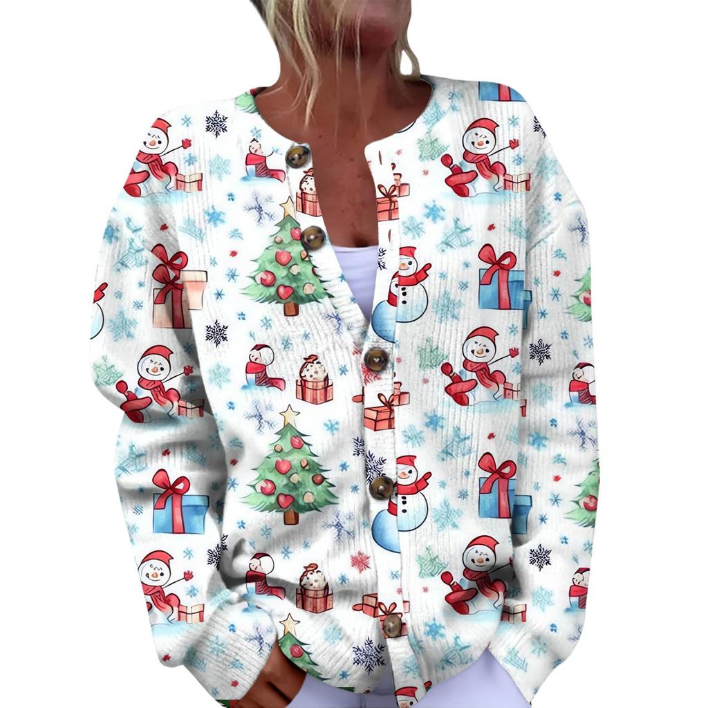 Women's Fashion Christmas Printed Long Sleeve Knitted Cardigan Button Down Jacket