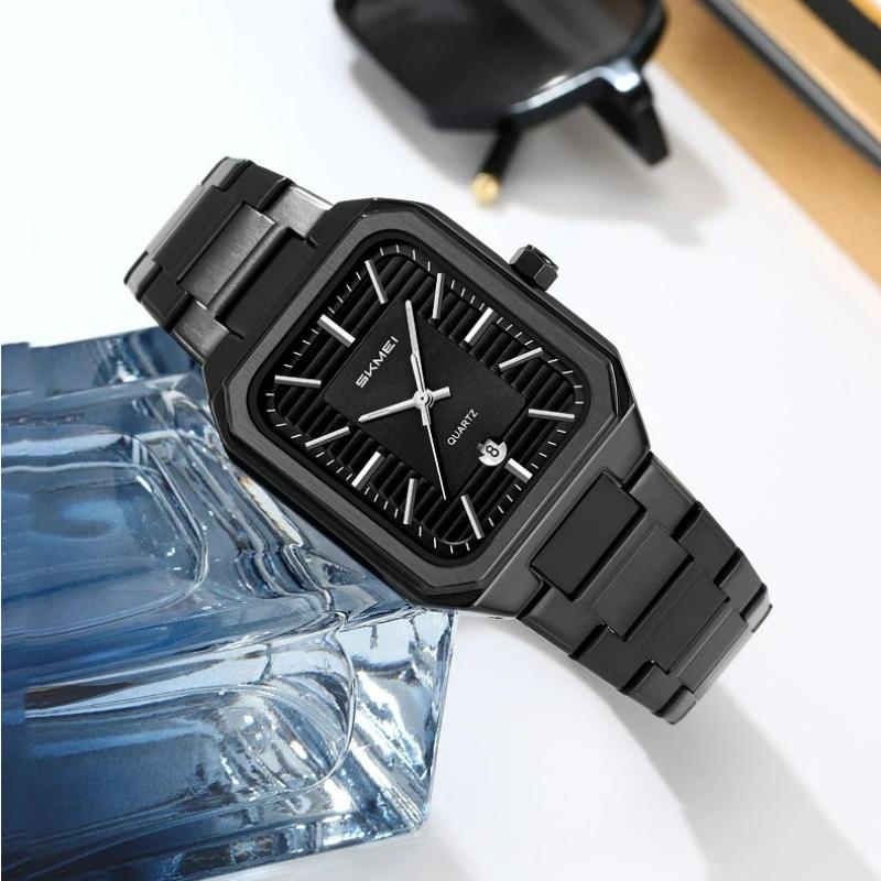 Skmei Роскошные Квадратные Кварцевые Часы для Бизнеса Классический Циферблат с Полосатым Дизайном с Браслетом из Нержавеющей Стали Наручные Часы для Мужчин