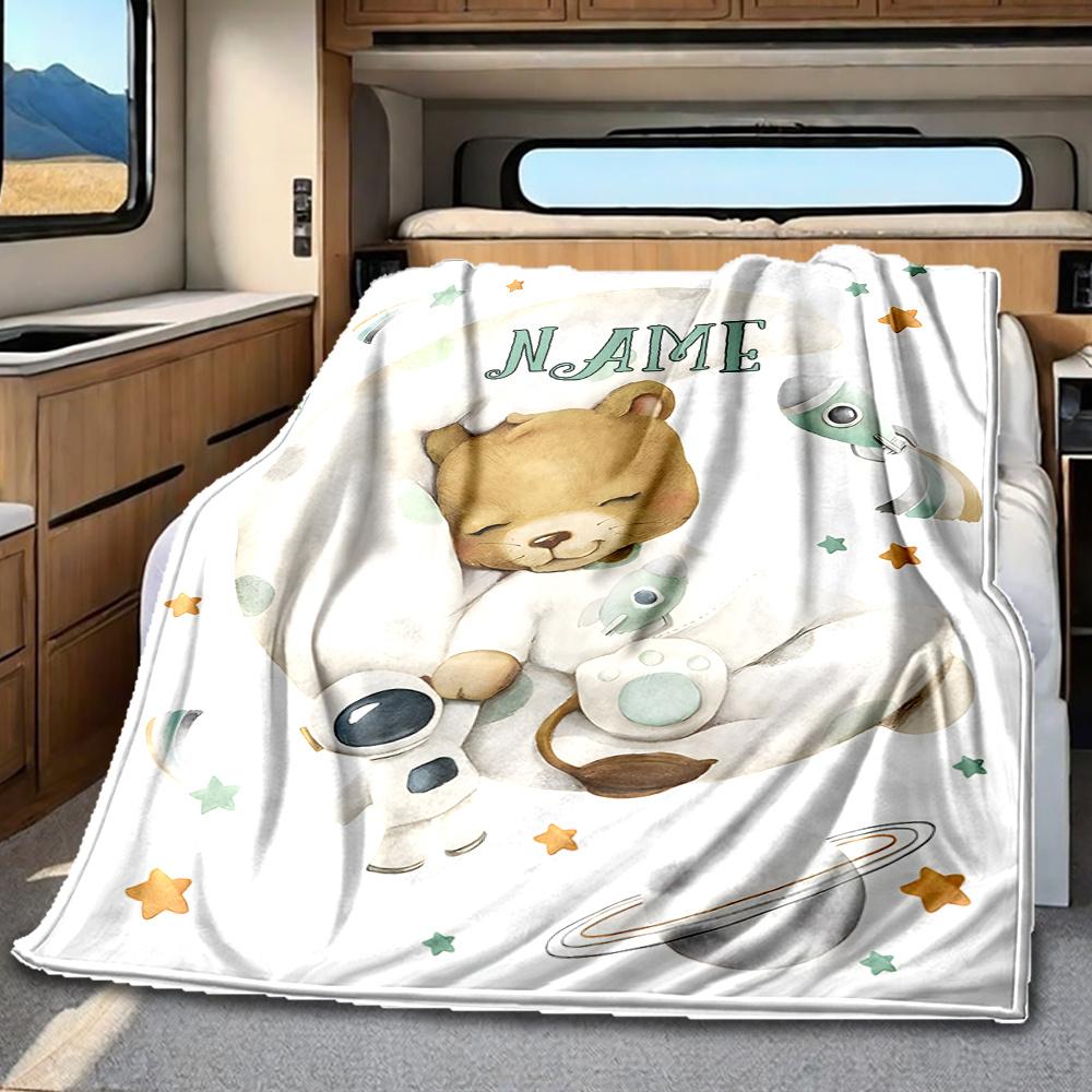Bear Astronaut Moon Stars Blanket Personalized Name Soft Comfortable Stylish Blanket Car Blanket Perfect For Travel Camping Outdoor Home Suitable For