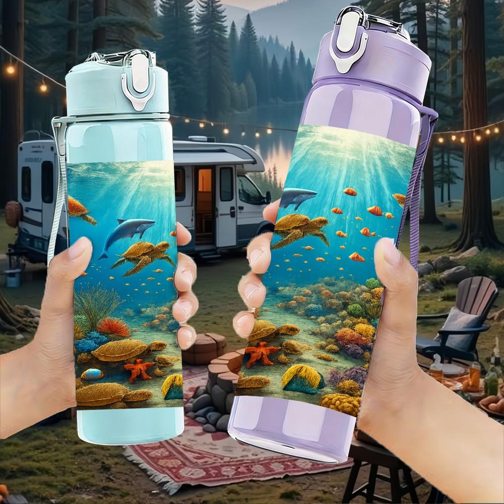 1PC Underwater Ocean Fish Scene Print 750ml Color Plastic Sports Water Bottle Leakproof Flip Straw Lid Suitable for Sports Office Home Use