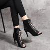 Fashion Sandals Hollow Mesh Heels Women's Shoes Summer 2024 Trend Black Lace-Up Sexy Peep Toe Boots Stilettos Jazz Dance Female Shoes