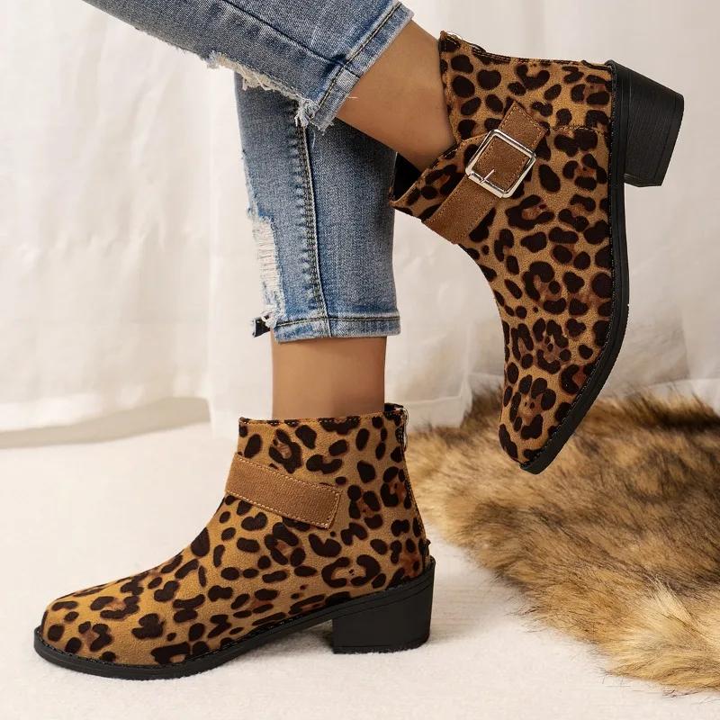 Women's Shoes Belt Buckle Women's Boots Fashionable Back Zipper Modern Boots Women's Sexy Pointed Toe Square Heel Ankle Boots
