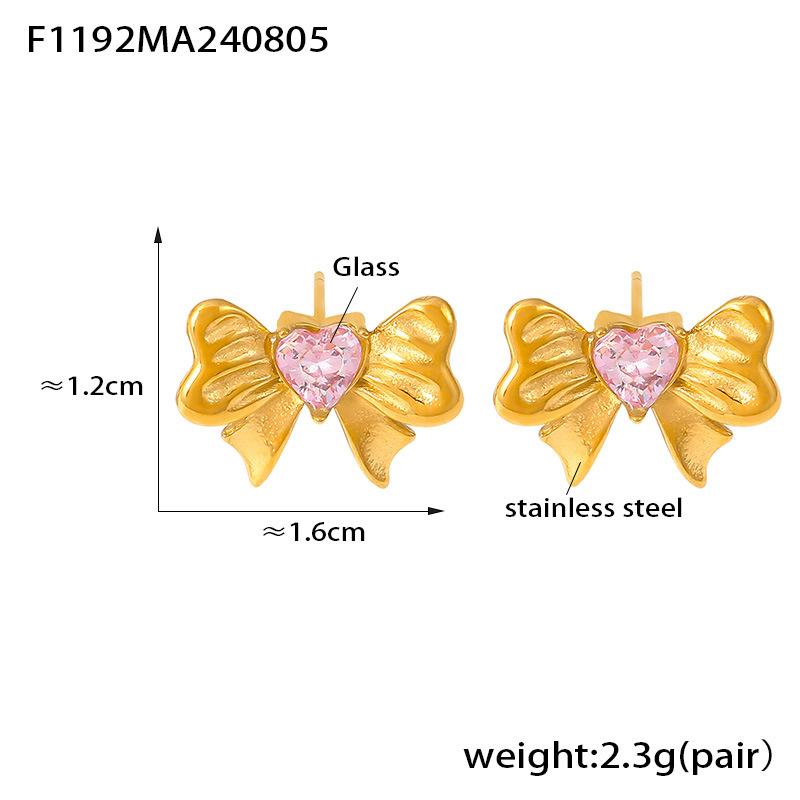 New Love Pleated Bow Micro-inlaid Diamond Glass Stone Stud Earrings Simple Temperament Stainless Steel Gold-plated Earrings