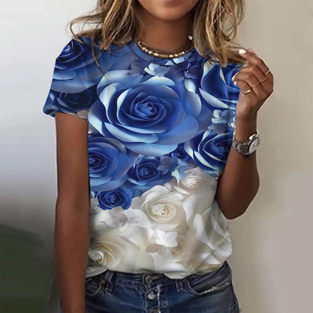 3d Roses Print Women's T Shirts Summer Fashion Short Sleeve Top Oversized Female Clothing Casual Girls Streetwear 2023 New Tees