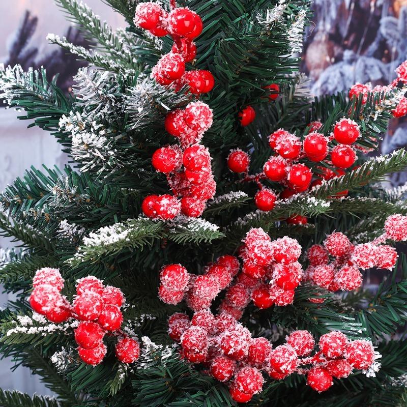 Рождественская снежинка Красные ягоды Красные фрукты Имитация ягодных веток 12 головок Стебли ягод падуба DIY Венок Украшения на рождественскую елку