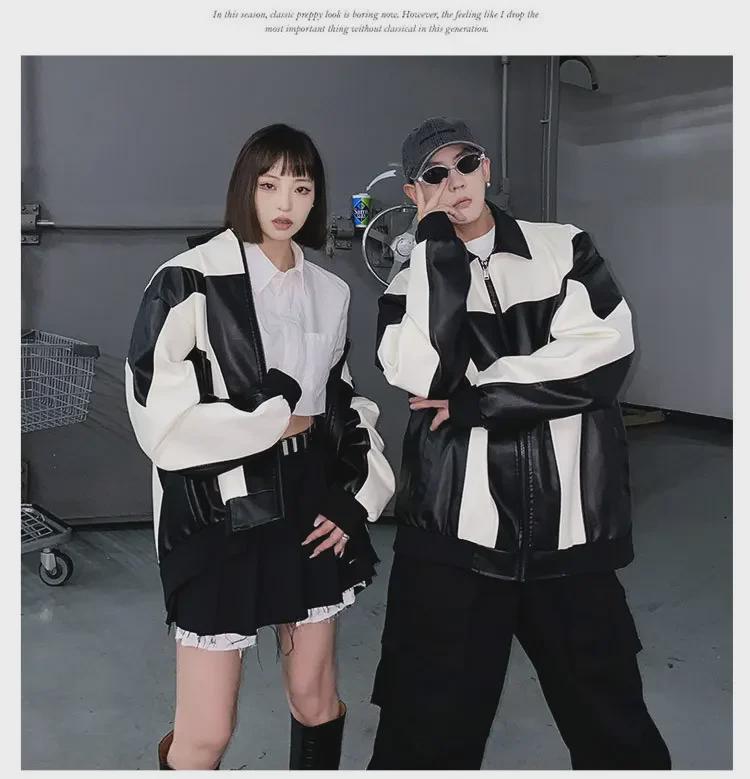 Мужская кожаная куртка в гонконгском стиле: Корейская мода осень/зима, молодежный свободный крой, контрастные цвета, повседневная верхняя одежда для мотоциклистов