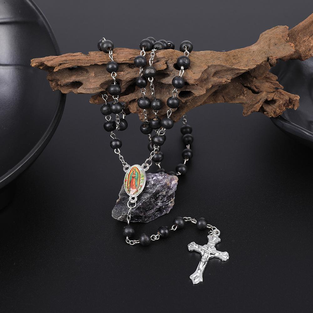 Wood Rosary Necklace For Women 6MM Wooden Prayer Beads Long Chain Religious Virgin Mary Cross Pendant Men Party Jewelry Gift
