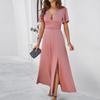 Women's Casual Long Formal Dresses Evening Gowns Solid Color Split Elegant V-Neck A-Line Short Sleeve Wedding Dresses Guest Gowns