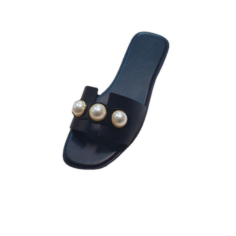 Тапочки Cross border большого размера женские летние новые жемчужные однотонные квадратные с плоской подошвой верхняя одежда повседневные сандалии