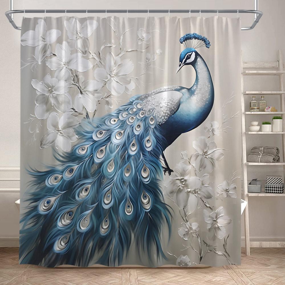 Blue Peacocks Shower Curtains Forest Trees Plants Flowers Waterfall Scenery Polyester Fabric Bathroom Curtain Decor With Hooks