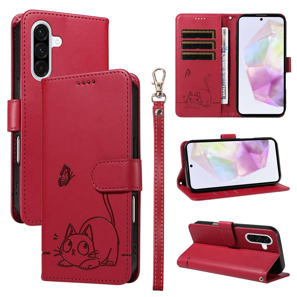For Samsung Galaxy A36 5G Case Cat Pattern Imprint Leather Phone Cover with Wrist Strap