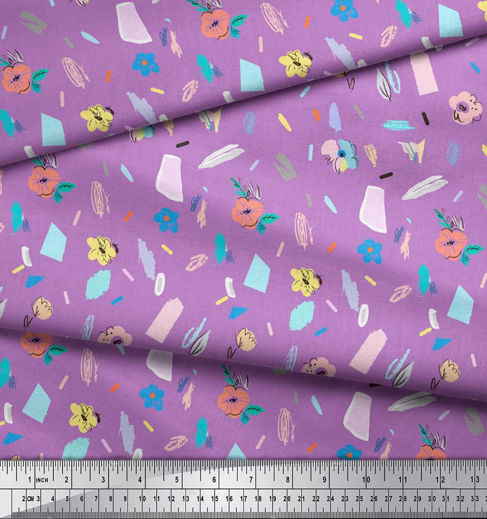 Soimoi Green Japan Crepe Satin Fabric Brush Stroke & Artistic Floral Print Fabric by the Metre 42 Inch