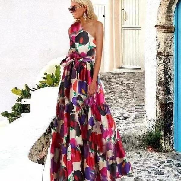Women's Summer Printed Leaf Patchwork Strapless Printed Long Dresses