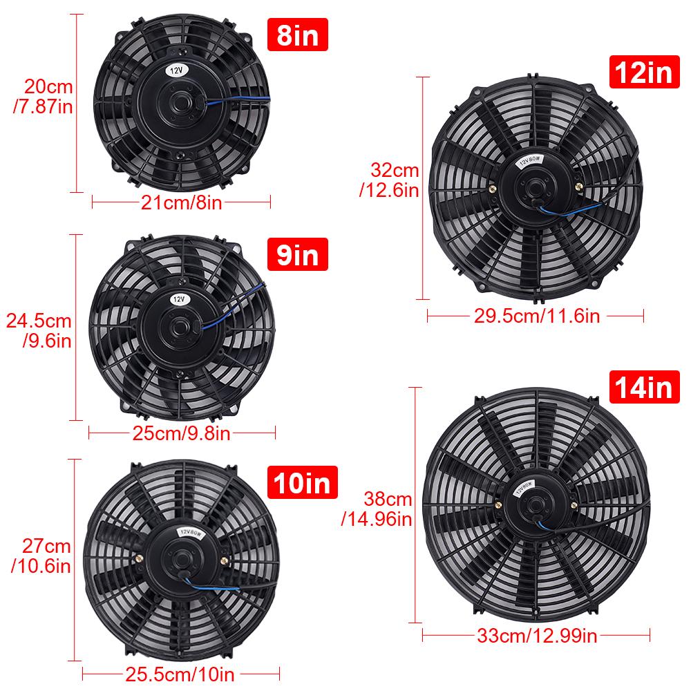 Автомобильные аксессуары - Универсальный электронный вентилятор для автокондиционера 8/9/10/12/14 дюймов 12 В 2100 об/мин, электронный вентилятор охлаждения, прямые черные лопасти, электрический комплект охлаждения
