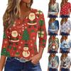 Women's Fashion Casual Christmas Print V-Neck Short Sleeve Decorative Button Three-quarter Sleeve T-shirt Top