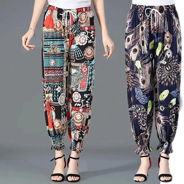 WTEMPO 2PCS Printed Thin Mother's Loose Ice Silk Wide Leg Pants Elastic High Waist Women's Spring Summer Cropped Pants