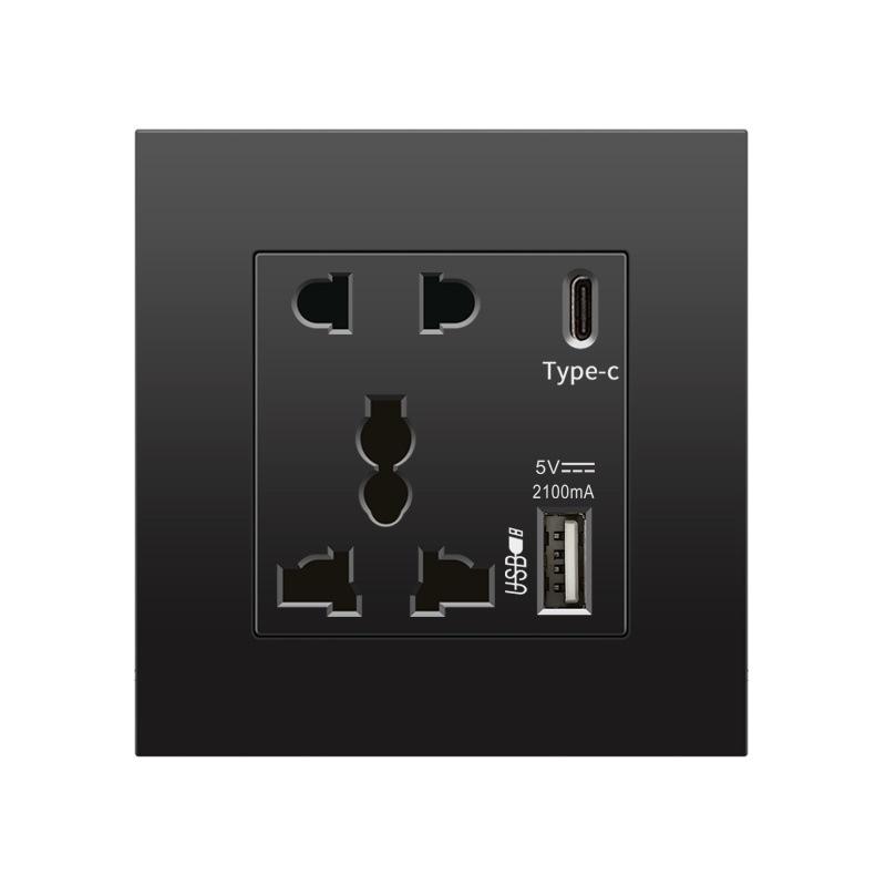Британская розетка 13А с быстрой зарядкой USB-C, версия для Гонконга и Макао, черная, квадратная, 3 отверстия, панель 86