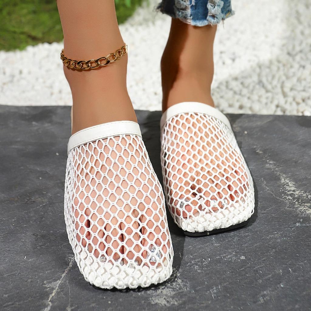 Fish Net Woven Hollow Roman Sandals for Women's Summer New Fisherman Flat Bottomed Round Toe Half Slippers