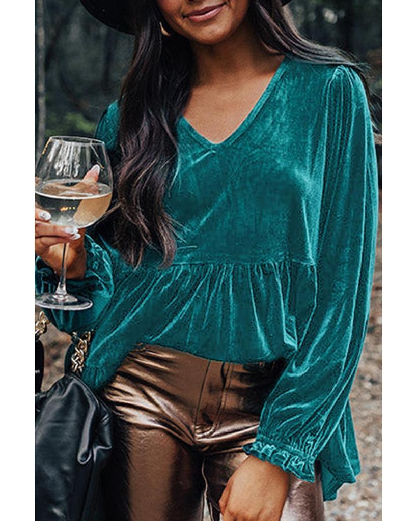 Azura Exchange Блузка из бархата цвета морской волны с V-образным вырезом и баской на подоле с рукавами-фонариками