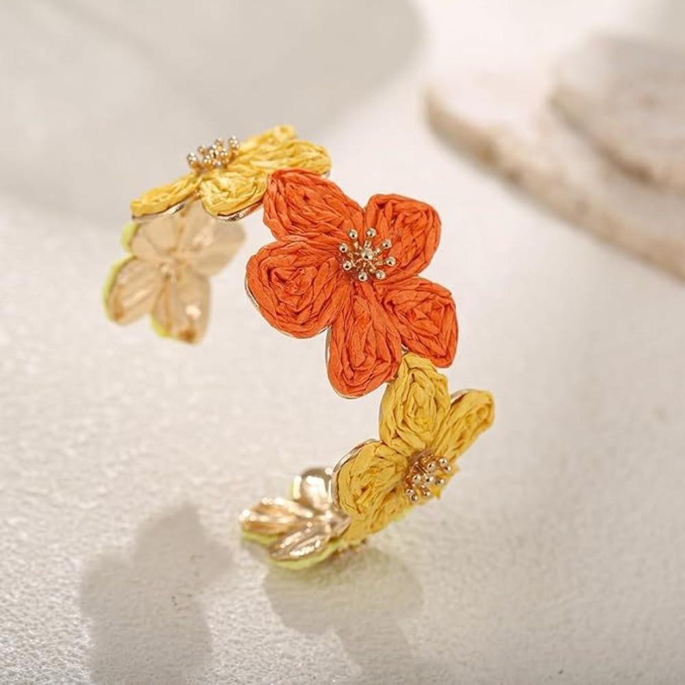 Colorful Woven Flower Bangle Vintage Hand Ring Retro Raffia Grass Bracelet Daily