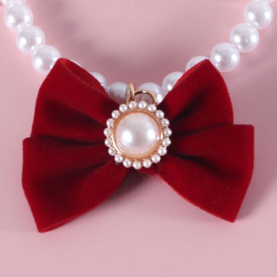 Princess Style Cat Necklace Faux Pearls Velvet Bowknot Decor Adjustable Design Pet Kitten Collar Pet Accessory