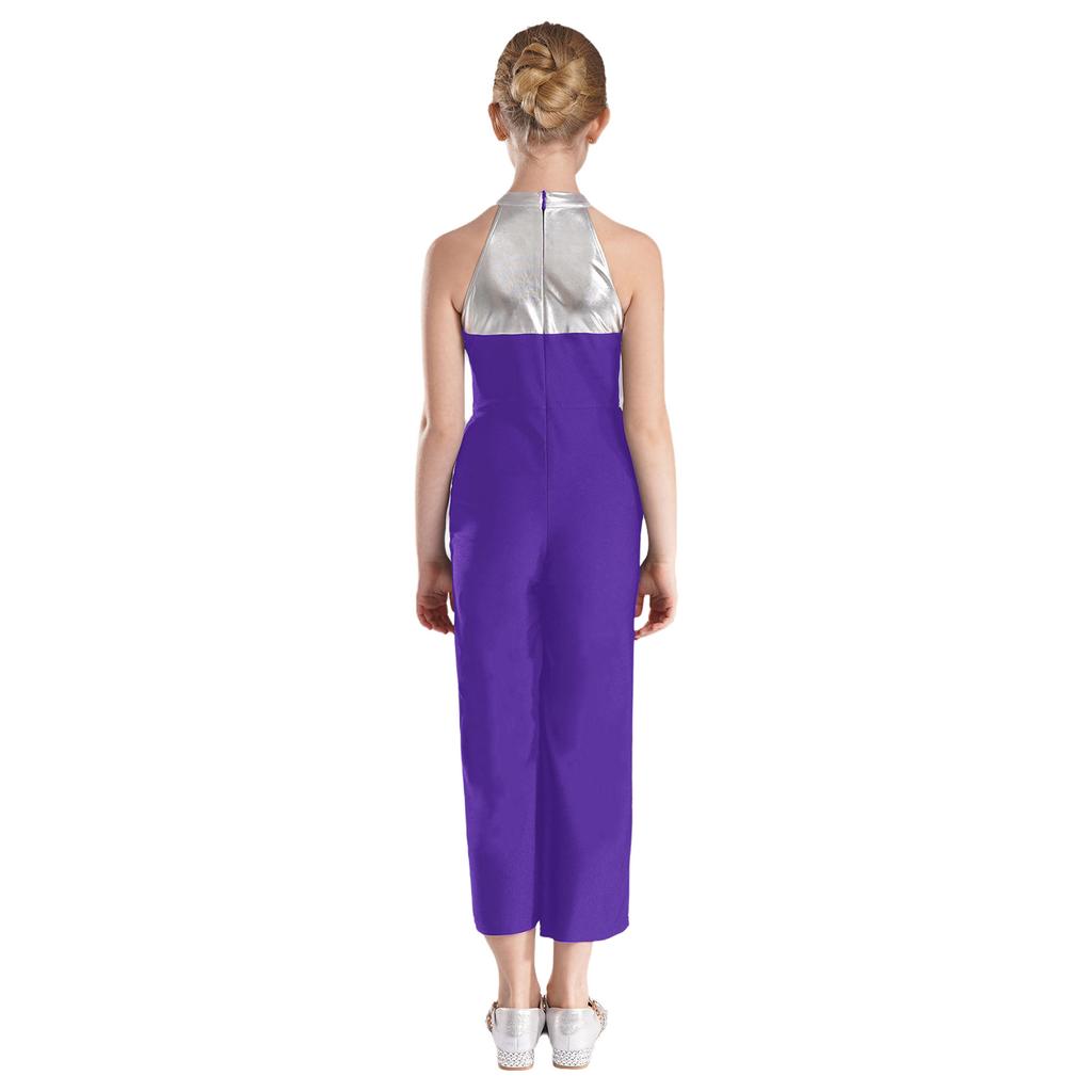 Kids Girls Sparkly Dance Jumpsuit Metallic Patchwork Rhinestone Color Block Design Sleeveless Stage Wear